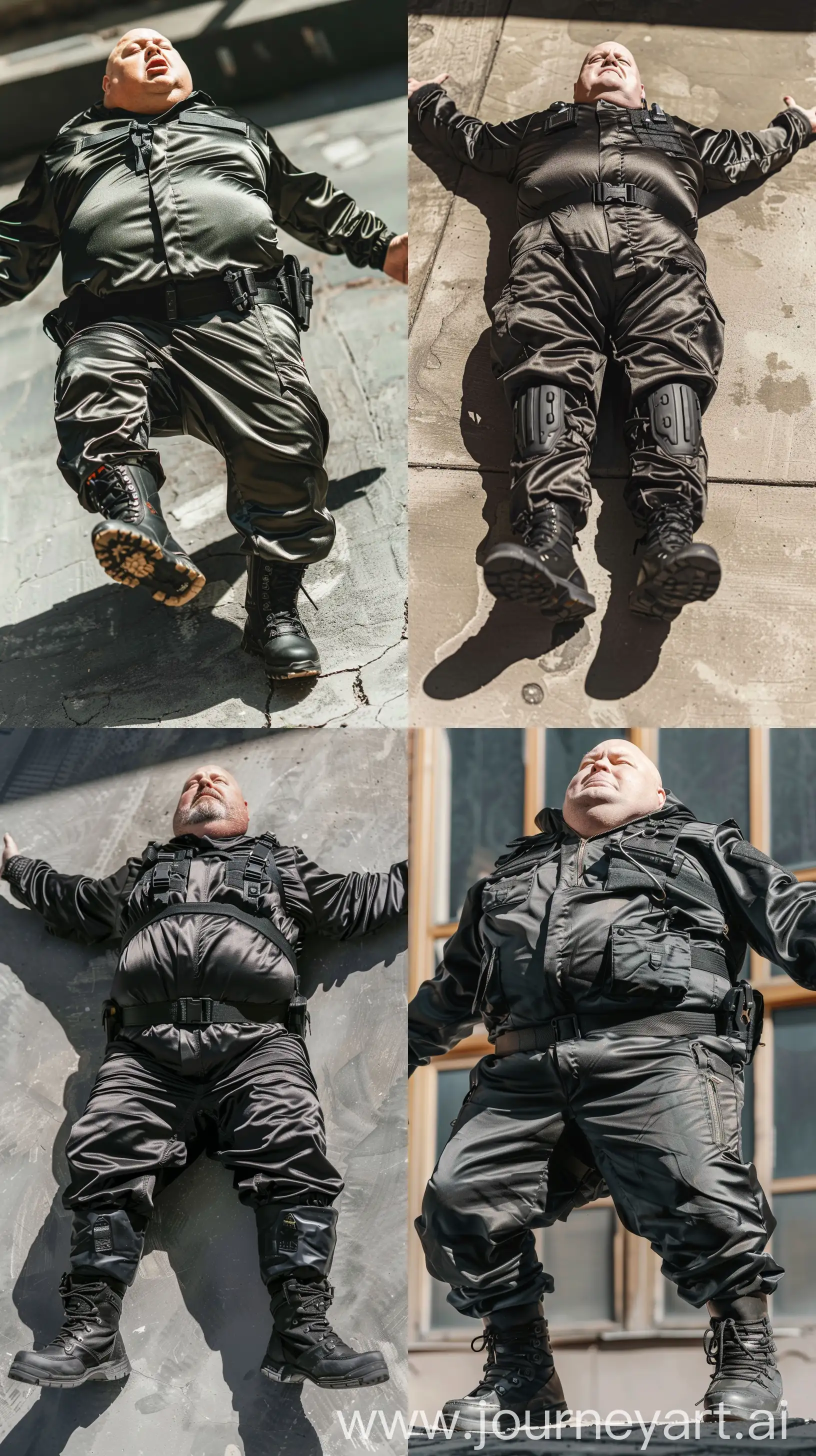 High-angle close-up photo of a fat man aged 60 wearing a silk black security guard skinny-fitted full coverall tucked in black tactical hiking boots. Black tactical belt. Getting up from the ground. Arms wide opened. Bald. Clean Shaven. Natural light. --style raw --ar 9:16