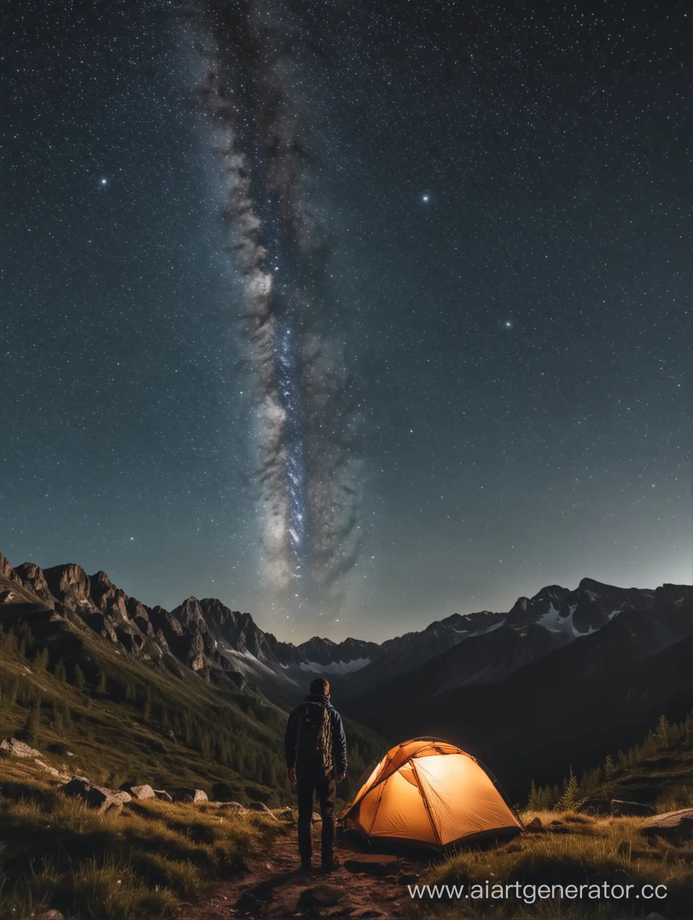 Человек с рюкзаком для кемпинга, смотрит на ночное звездное небо, в горах