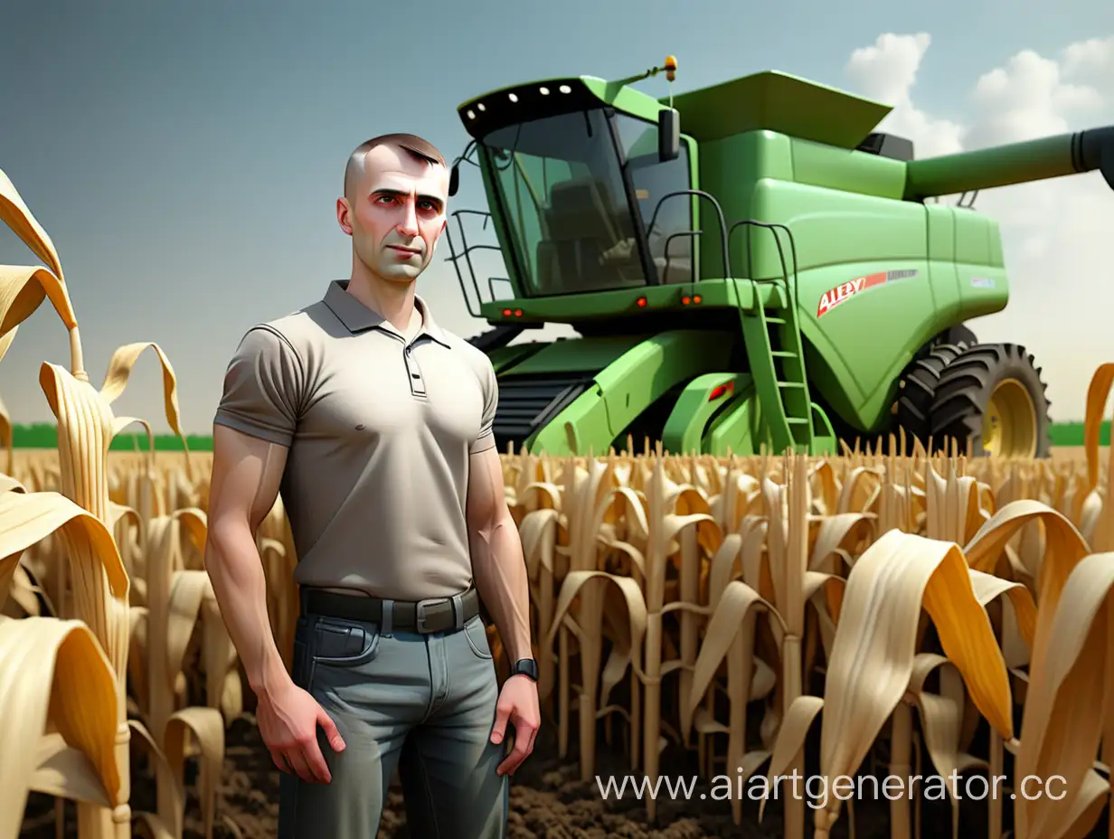 Алексей гриднев стоит на поле кукурузы в будушем на фоне комбайны