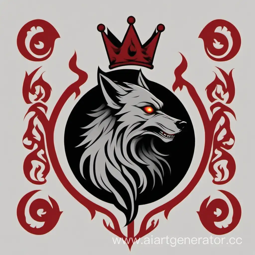 флаг клана в минимализм стиле на котором изображен огненный злой волк в короне