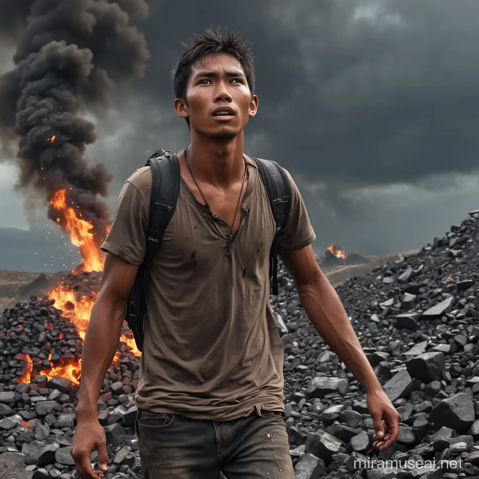 seorang pria tampan usia 25 tahun...
wajah real indonesia, memikul pikulan di pundak  dengan beban berat, sebelah kiri ada batu bara api, sebelah kanan ada intan permata berkilau, ekspresi wajah merintih kesakitan keringat bercucuran, baiground langit langit suram mendung kilat, bebatuan hamparan kerikil,
Full body
realistis, kualitas foto full HD