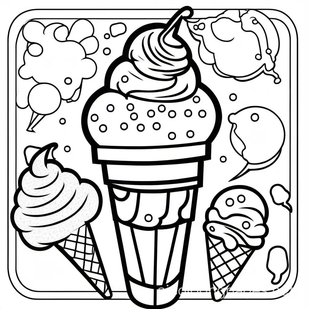 Ice cream bold ligne and easy , Coloring Page, black and white, line art, white background, Simplicity, Ample White Space. The background of the coloring page is plain white to make it easy for young children to color within the lines. The outlines of all the subjects are easy to distinguish, making it simple for kids to color without too much difficulty