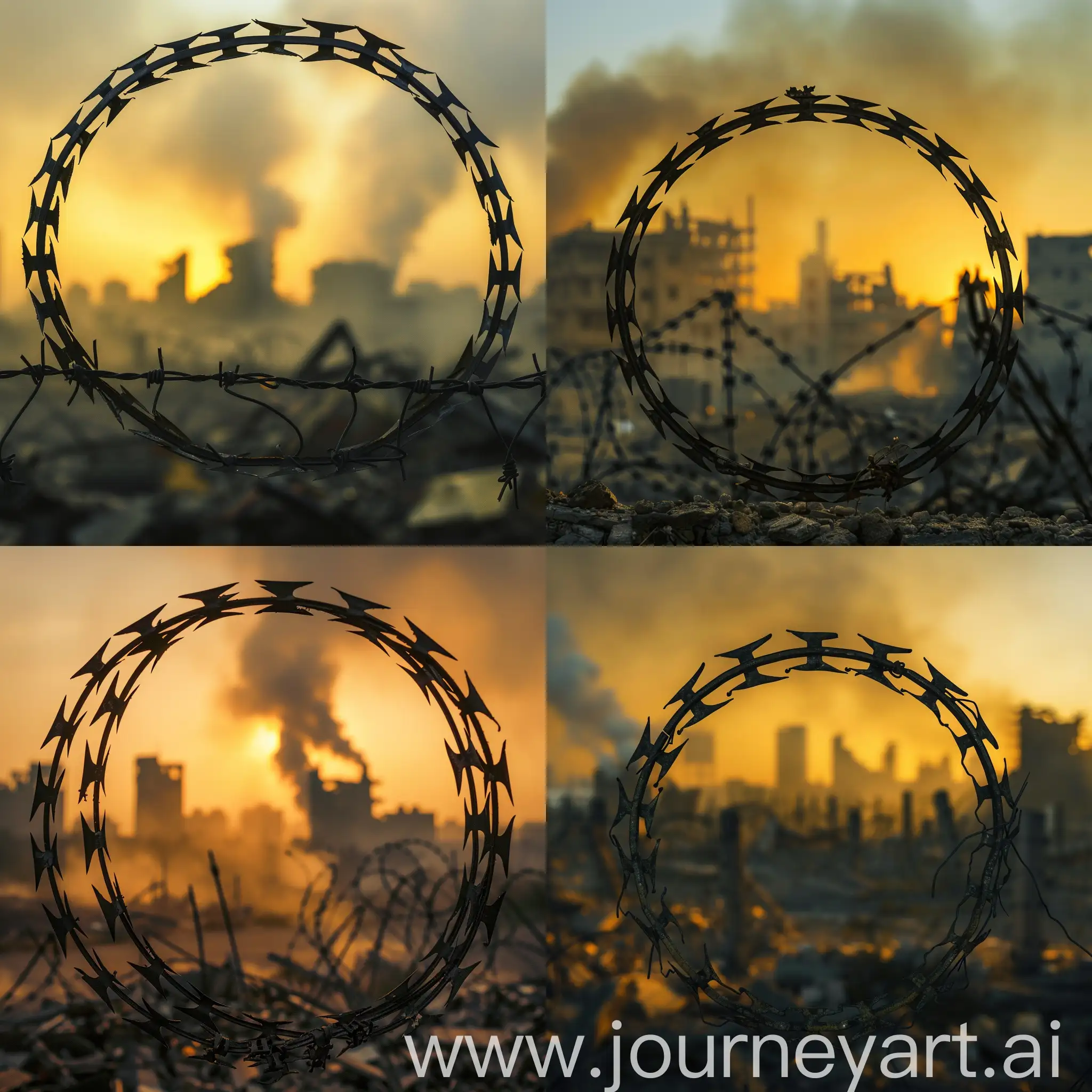 Circular-Razor-Barbed-Wire-Fence-Against-Destroyed-City-at-Dawn