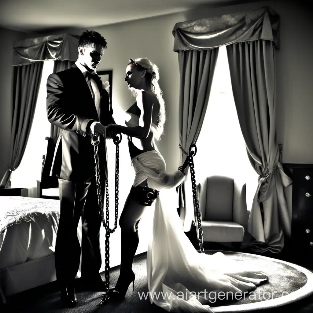 bridal suite, beautiful male bride chained to bedpost, beautiful female dominatrix as the groom