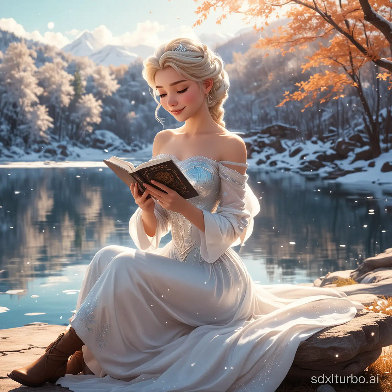 in the afternoon sunshine, beautiful princess elsawho had a romantic relationship with ice and snow,was sitting beside lake and reading a book ,lookingat her phone screen with a sweet smile. she enjoyedeisurely time, carefree, as if the whole world hadmelted in her smile, ull body, bold characterdesigns,warm tones,in the style of meticulousdesign, amime art