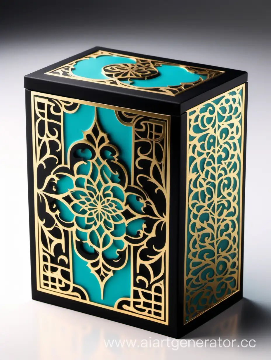 Dark dark matt black and gold Turquoise  luxury perfume rectangle vertical box 75% lines with arabesque pattern on white background