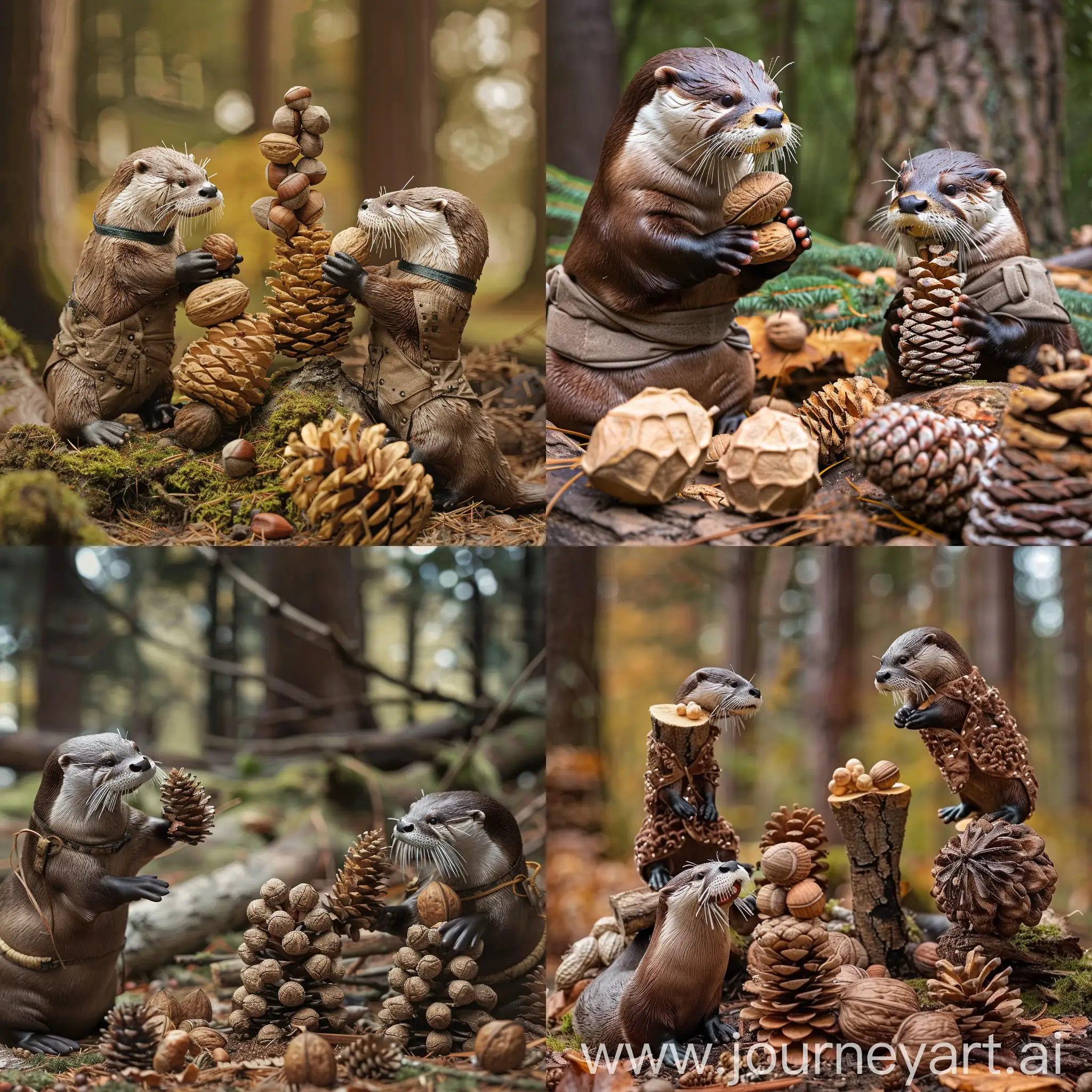 otters in gaiters in the forest stack pine cones and nuts
in a realistic way