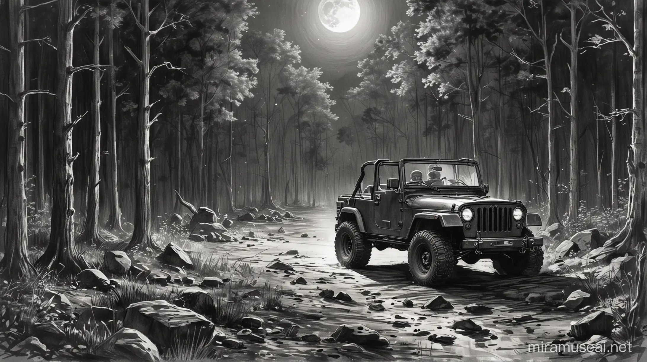 indian forest night, jeep fight seen. moon light. sketch.