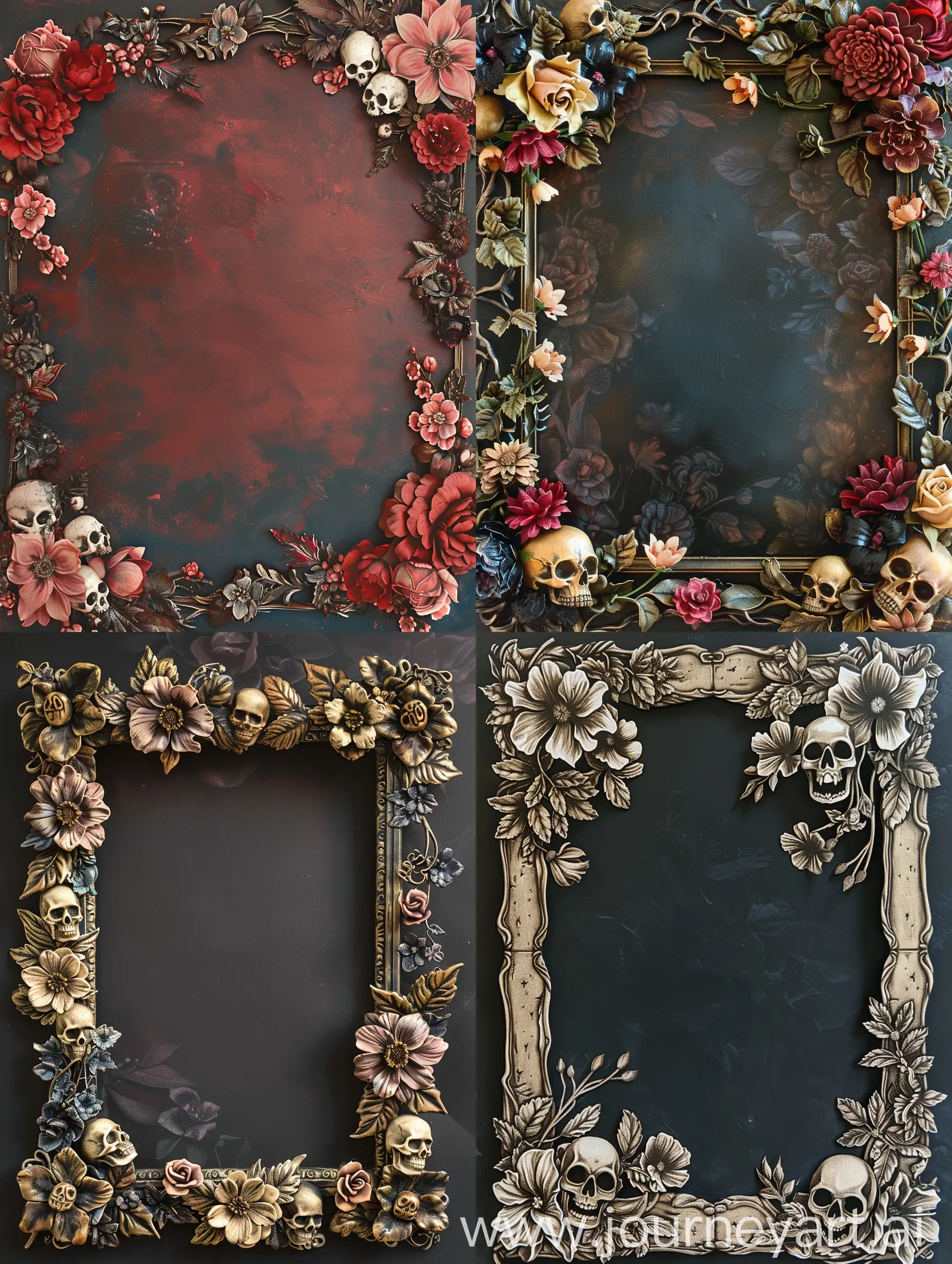 Scary canvas frame ornated with flowers and skulls
