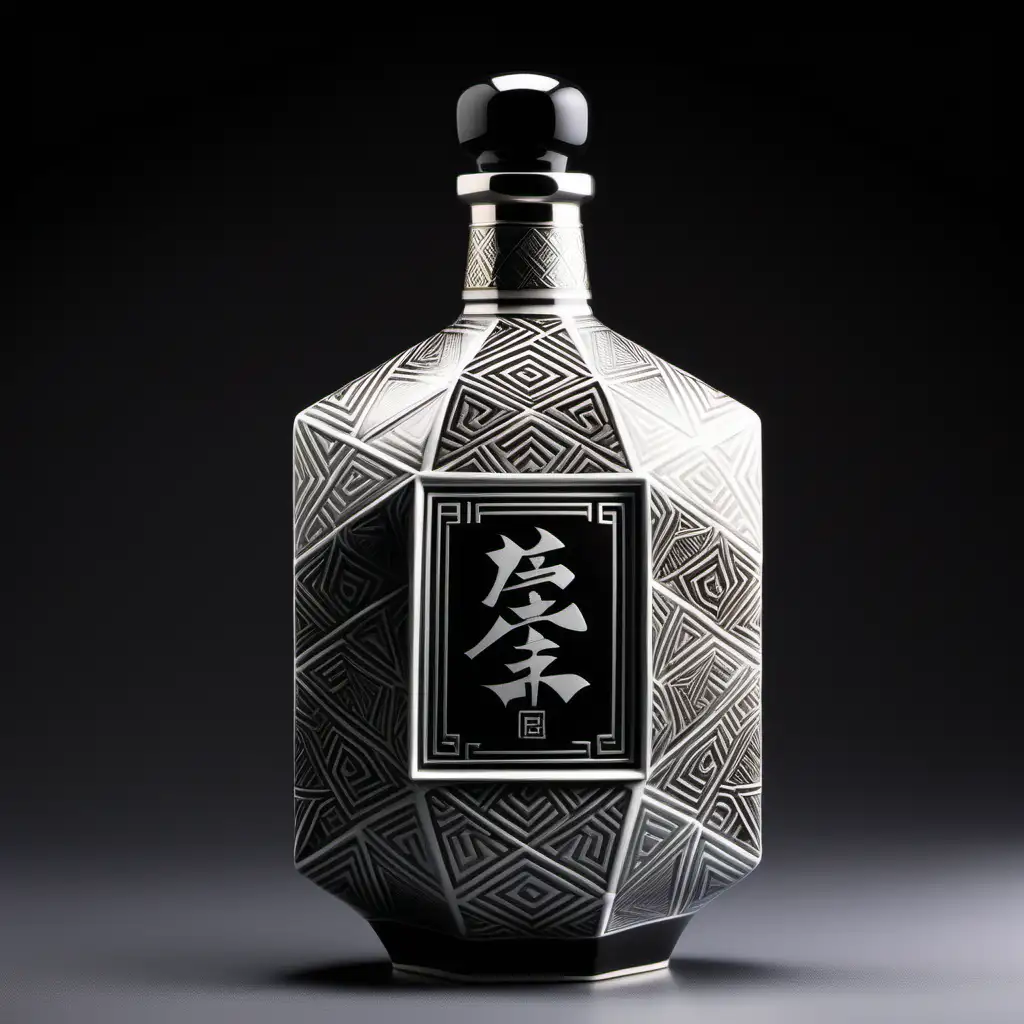 Chinese liquor bottle design, high end liquor, 500 ml ceramic bottle, photograph images, high details, silver and black color, partial geometric texture
