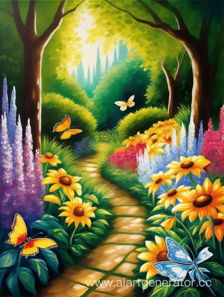 /imagine prompt: An enchanting landscape filled with magical flowers in splendid beauty, nestled within a lush garden adorned with winding pathways and verdant foliage. Sunlight filters through the canopy, casting a warm, golden glow upon the flowers, illuminating their exquisite shapes and colors. Bees and butterflies flutter among the blooms, adding to the scene's sense of vitality and charm. Painting, executed with vibrant acrylics and bold brushstrokes, --ar 16:9 --v 5