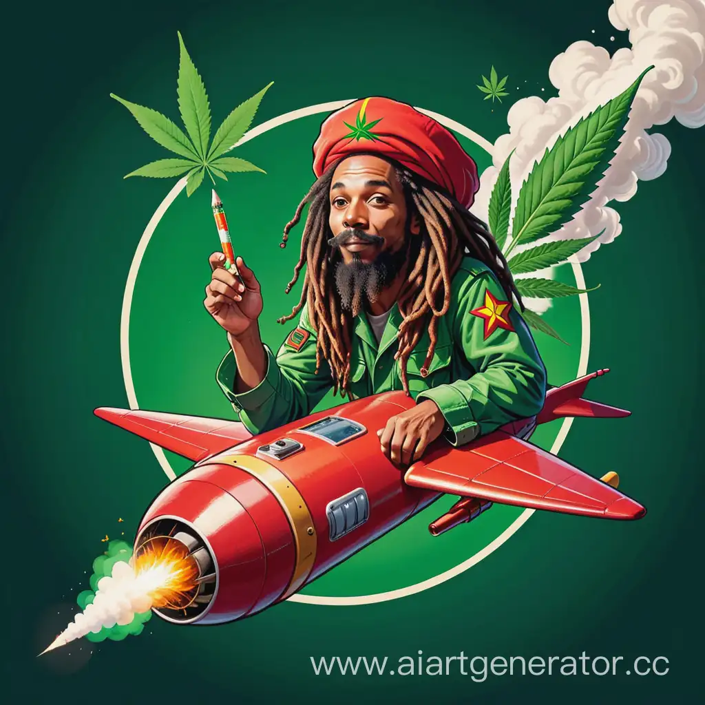 логотип, растаман летит на зелено красной ракете и в руках держит косяк с марихуаной