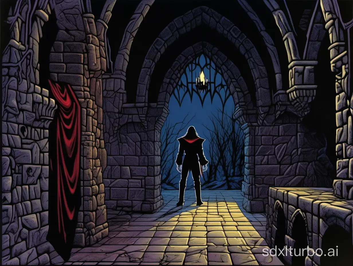 a vampire in his castle, dreadful dark and moody atmosphere, close up, 16bit color, highres, minimal detail, realistic, style of 1983 Ravenloft, style of 1983 Dungeons and Dragons, by Clyde Caldwell,