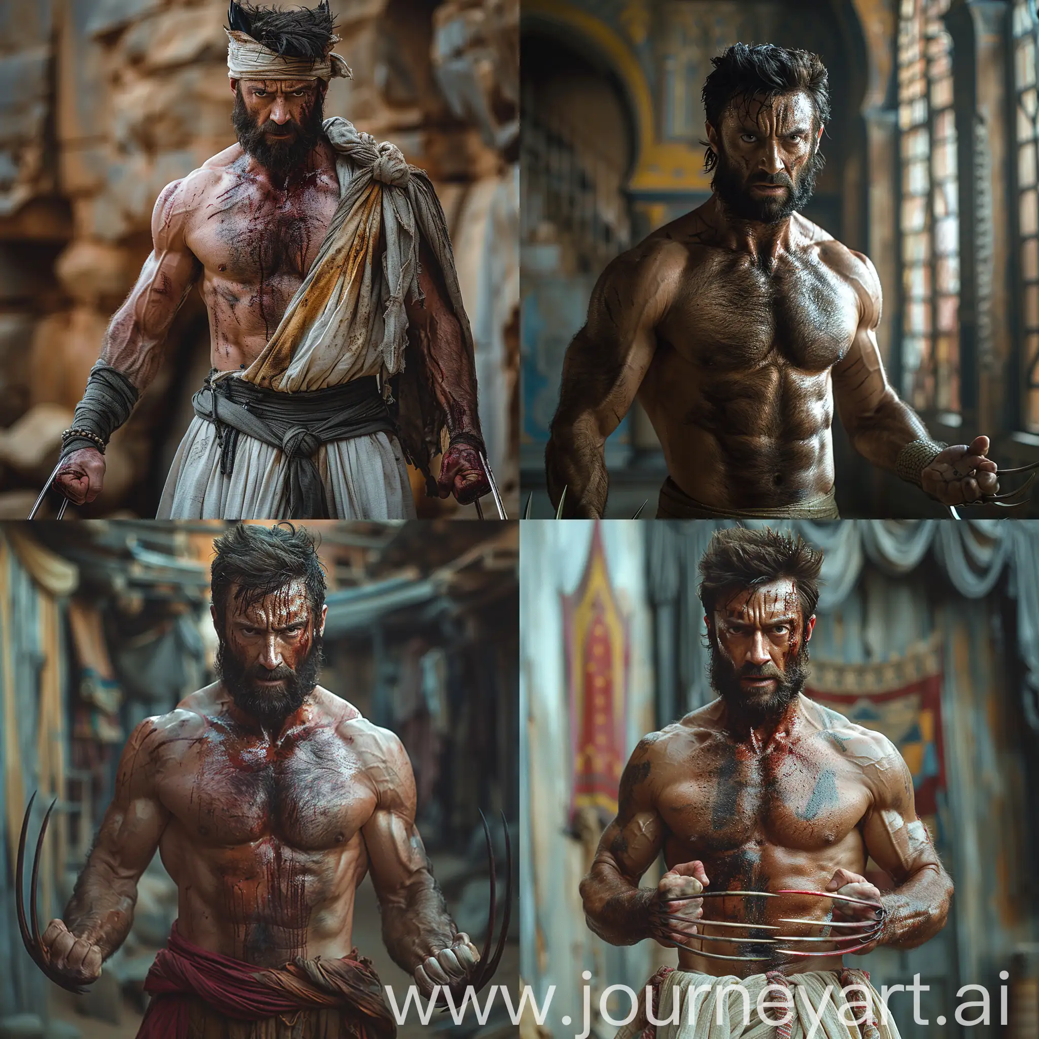 full body wolverine hugh jackman as logan with claws out, wearing arabic clothes, shallow depth of field, vignette, highly detailed, high budget Hollywood film, cinemascope, moody, epic, gorgeous, --style raw --stylize 750