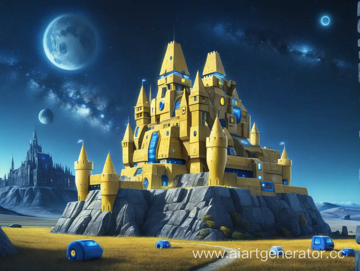 Big blue-yellow technologic castle with machines in walls, on stone field with night sky, far away