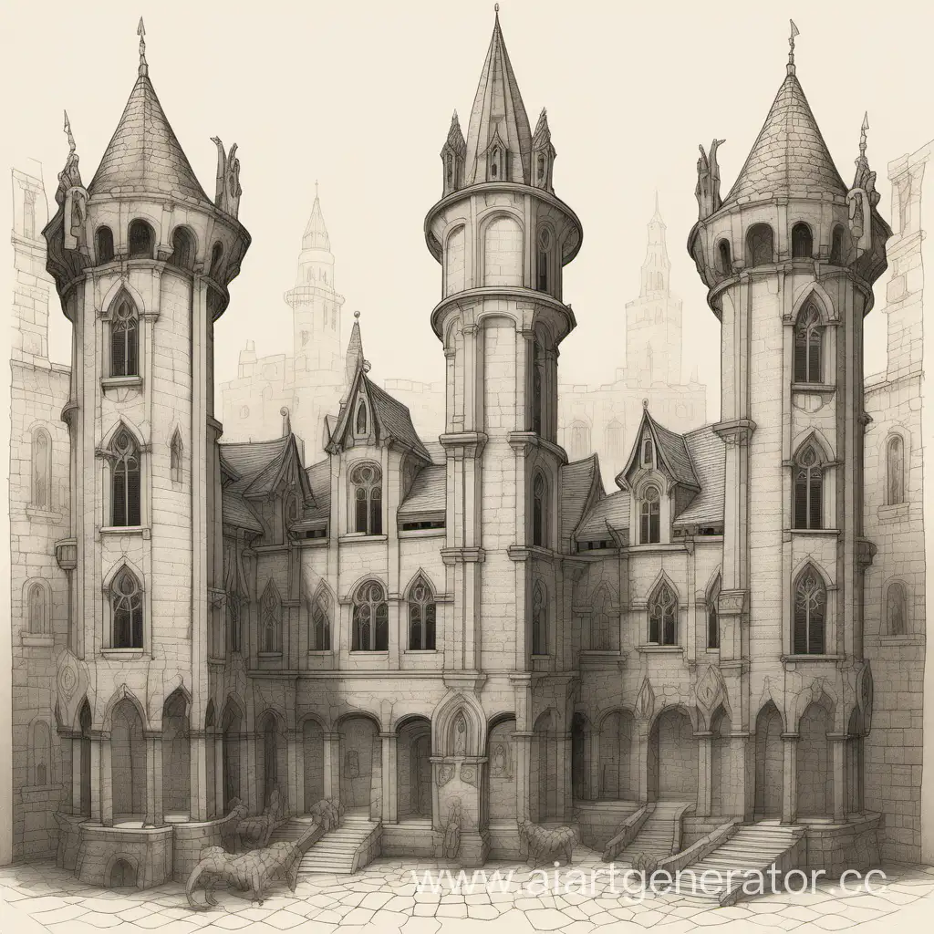 tall medieval building, with two ston's statues of griffins, fantasy, pencil drawn style