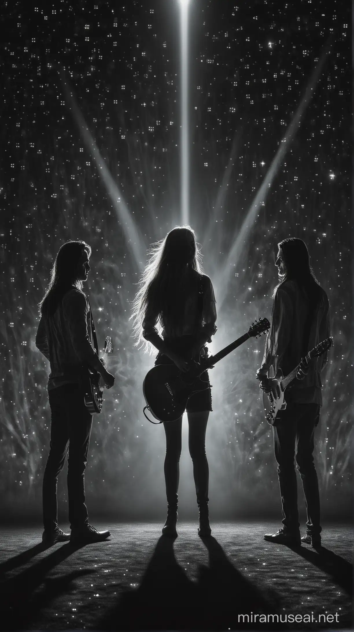 Three people facing away standing on a horizontal row holding a guitar each. One woman with long hair and two men. Lit up as dark shadows, with the space as a background filled with small shining stars.
