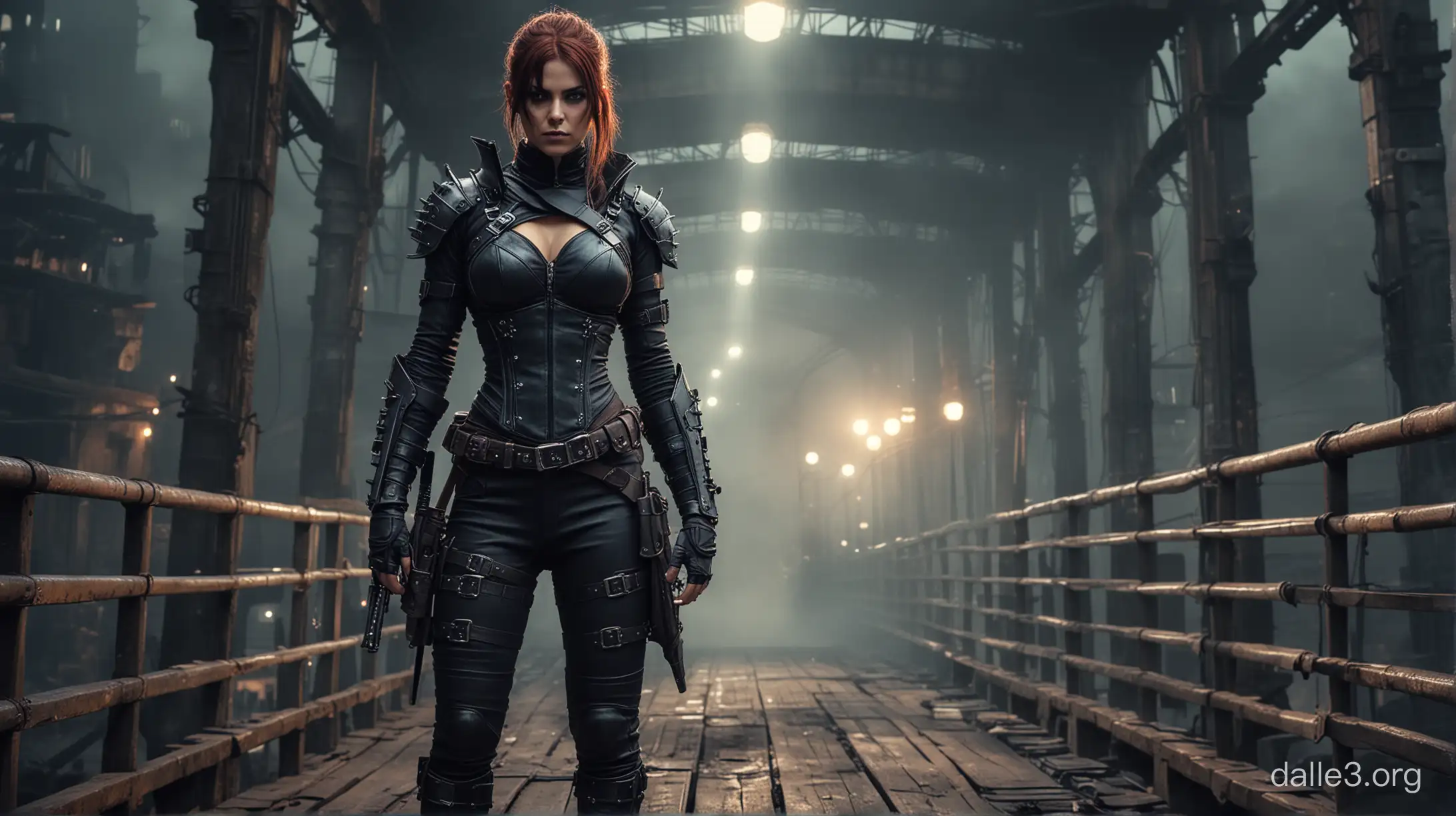 badass female warrior assassin,standing on a bridge overlooking a dystopic underground hell,glowing lights, steampunk, grunge, retro,  evil and wearing a sick costume, reflecting her sinister personality, super hyper intricate details, inspired by the urban ninja, 