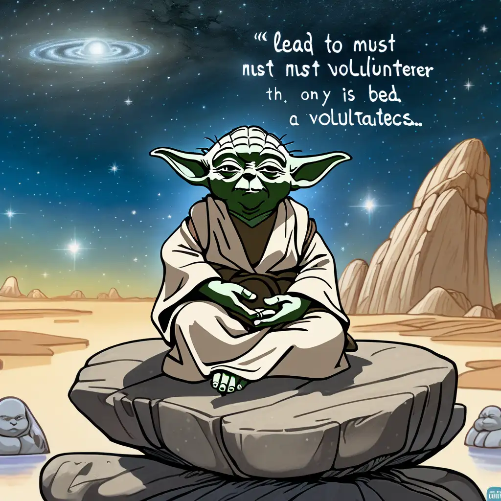 A meditating Yoda sitting on a Rock. The Yoda is very peaceful, calm, composed. There is a thought bubble next to Yoda's head. The thought bubble has the following text inside it - "Lead with wisdom, a Volunteer must. The path to success, strong leadership is.". The background has a spiritual tone with Sky, stars and celestial bodies.