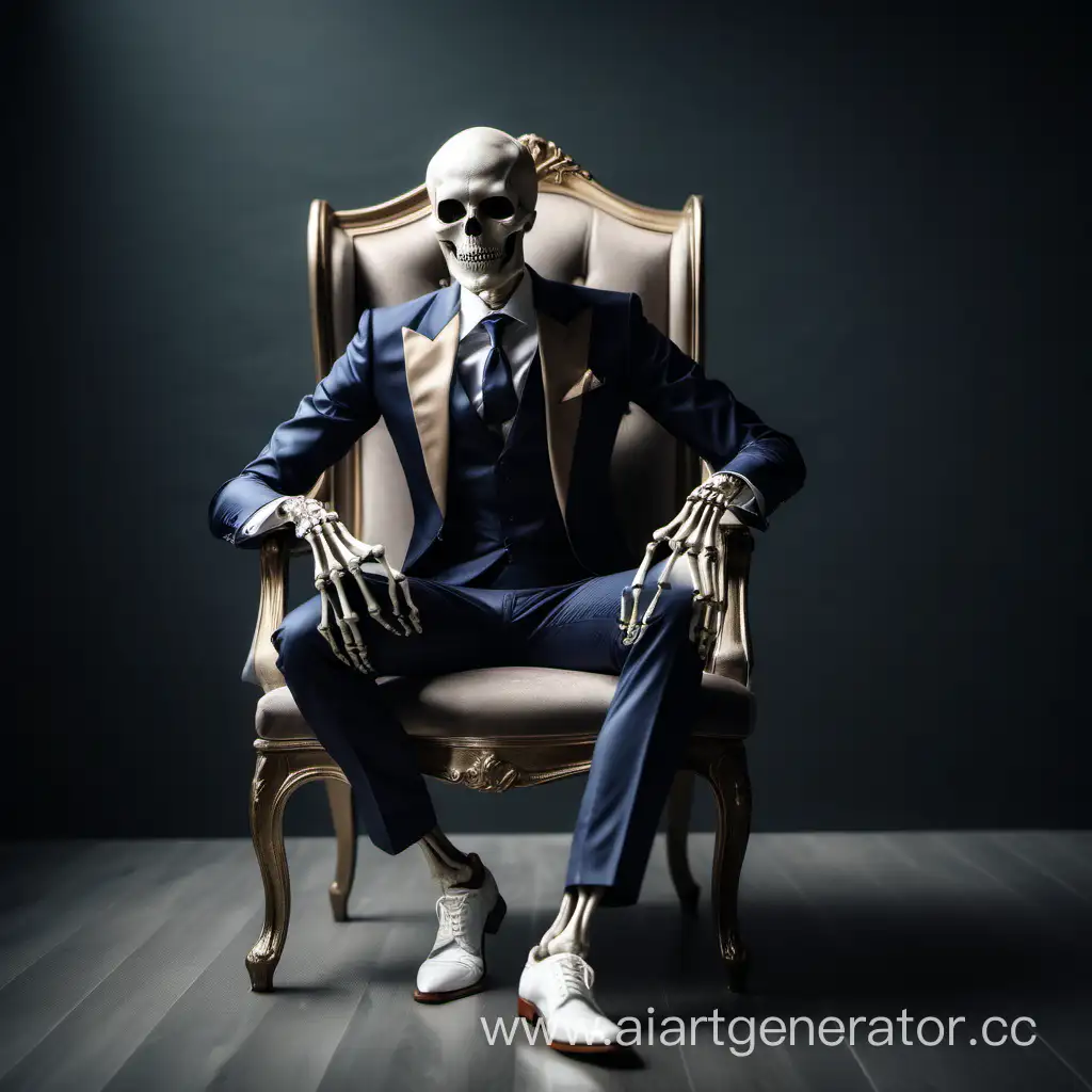 skeleton wearing a fancy formal suit and shirt. sitting on a chair. empty room only has one chair. fancy clothes and outfits. Handsome skeleton. Legs crossed.