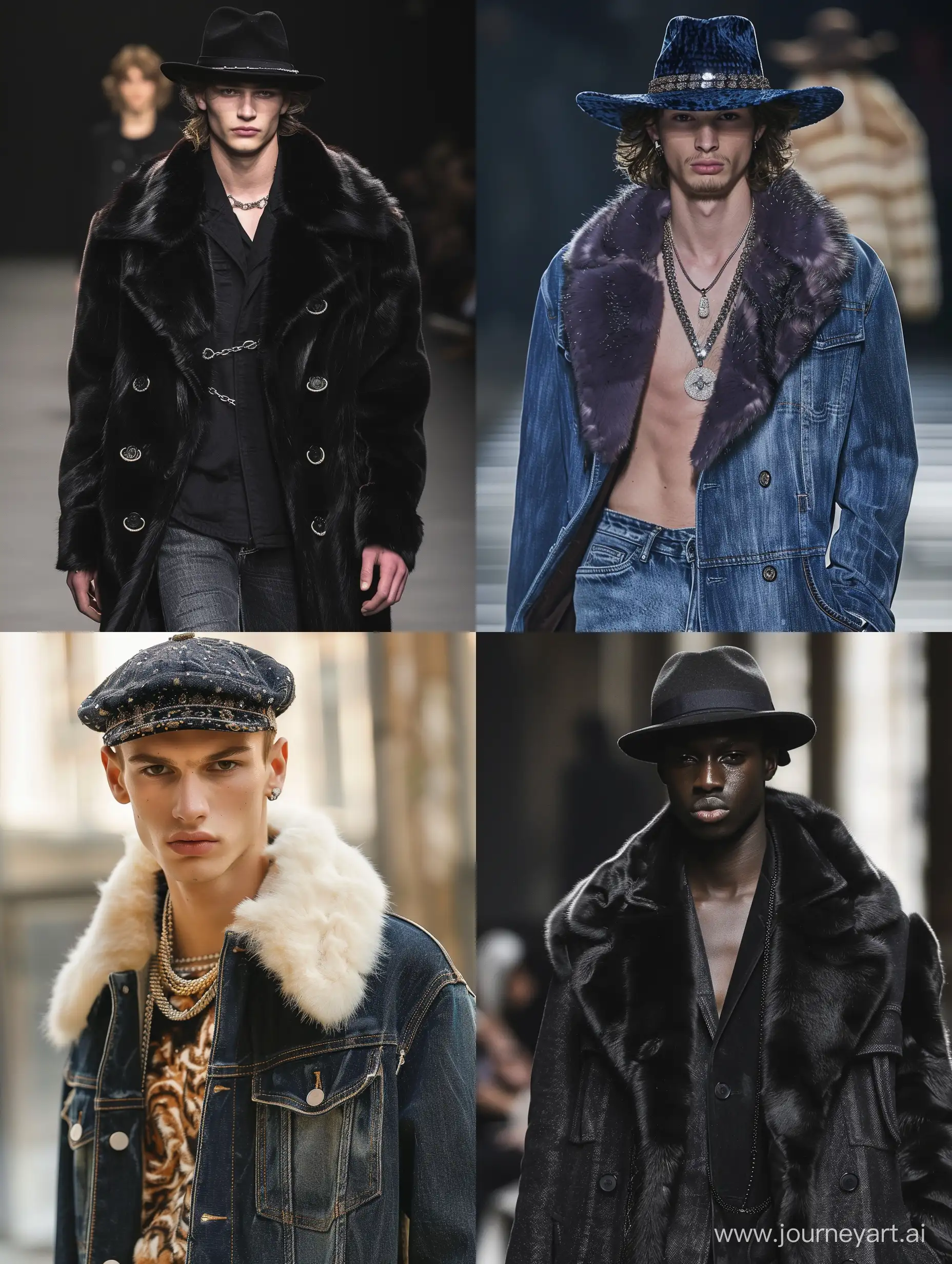 Male model handsome slim runway jeans coats vison mink jewerly hats