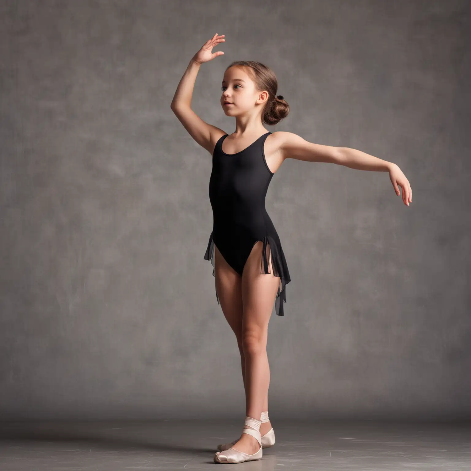 one girls, 9-11 years of age. dancer. emotional. welcoming. dark colored leotard. lyrical dance. looking into the distance. 