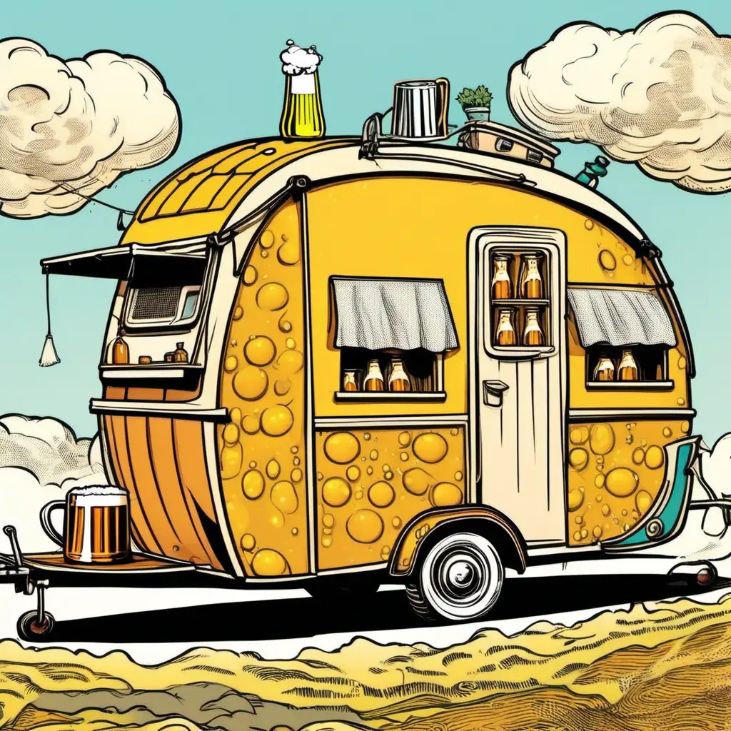 A caravan looking like a giant beer (comic style)