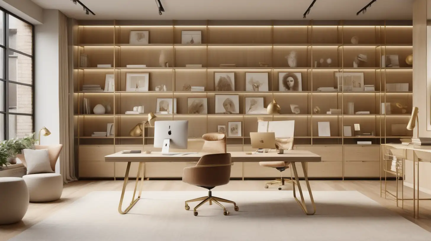 a Hyperrealistic image of a design firm large open workspace; partners desk with computers;  built in light oak and brass wall display shelving units; focal artwork with brass picture light; beige, light oak, brass, ivory colour palette palette