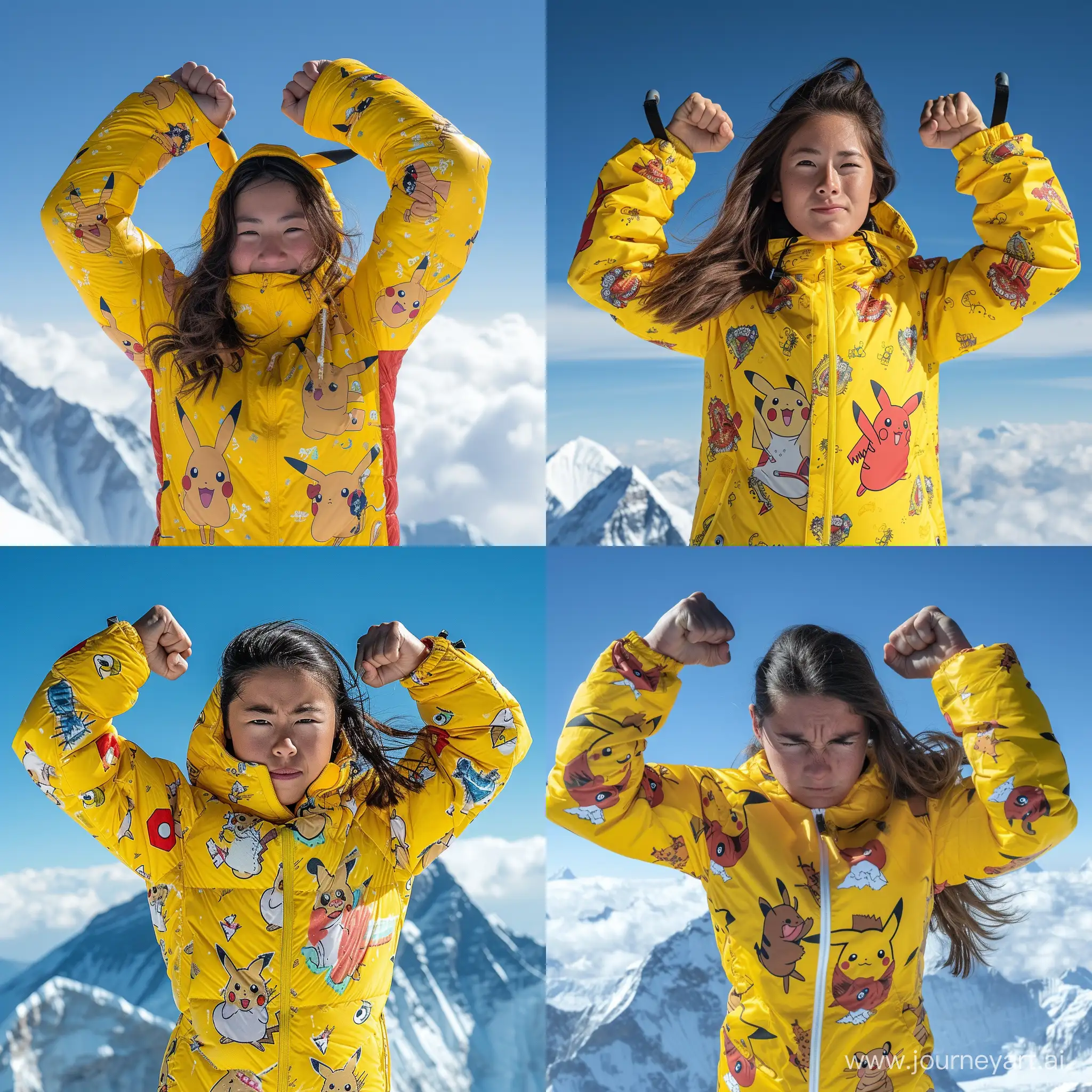 девушка жмет сто килограмм на бицепс на вершине горы Эверест в желтой куртке с рисунком пикачу