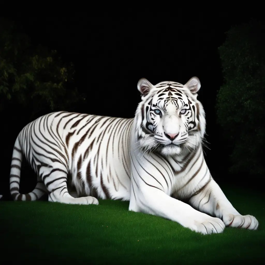 Majestic White Tiger with Unique Black Stripes Roaming Near a Villa at Night