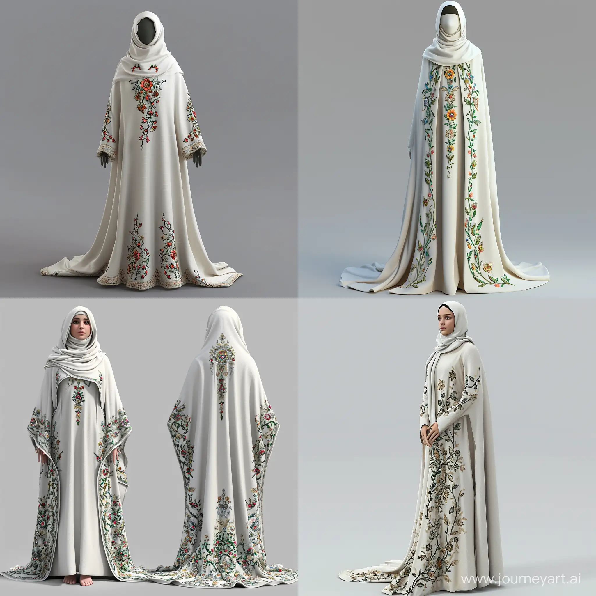 White abaya with Palestinian embroidery 3d beautiful avatar