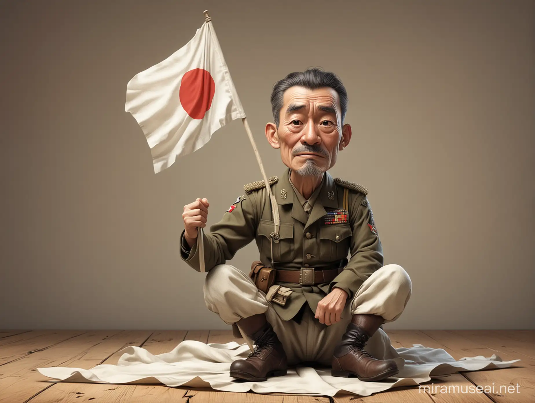 caricature of a ww2 japanese general soldier, sad facial expression ,sitting on the floor, holding white flag, waving white flag, pixar style