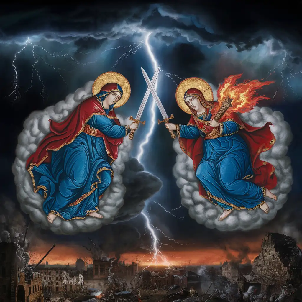 Clash of Heavenly Figures Polish and Russian Mother Marys Amidst Storm and Conflict