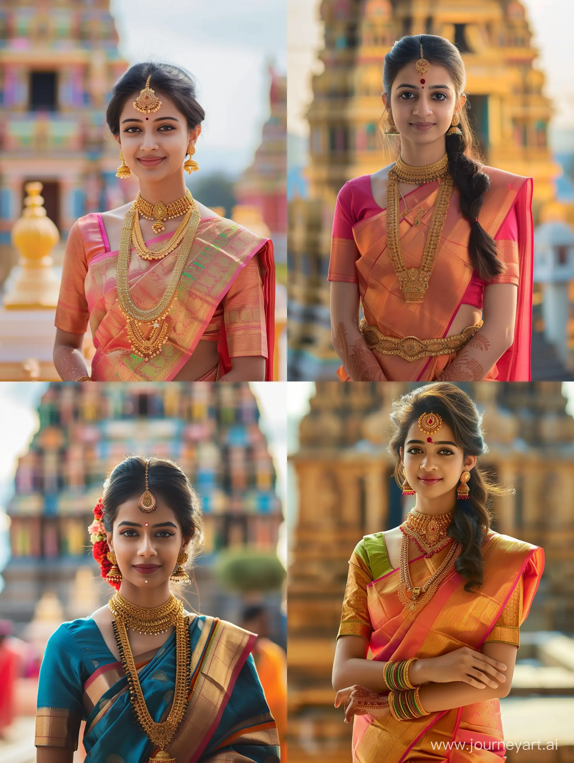 a beautiful , young and decent women in traditional south indian attire with the background of temple --v 6 --ar 3:4 --no 52346