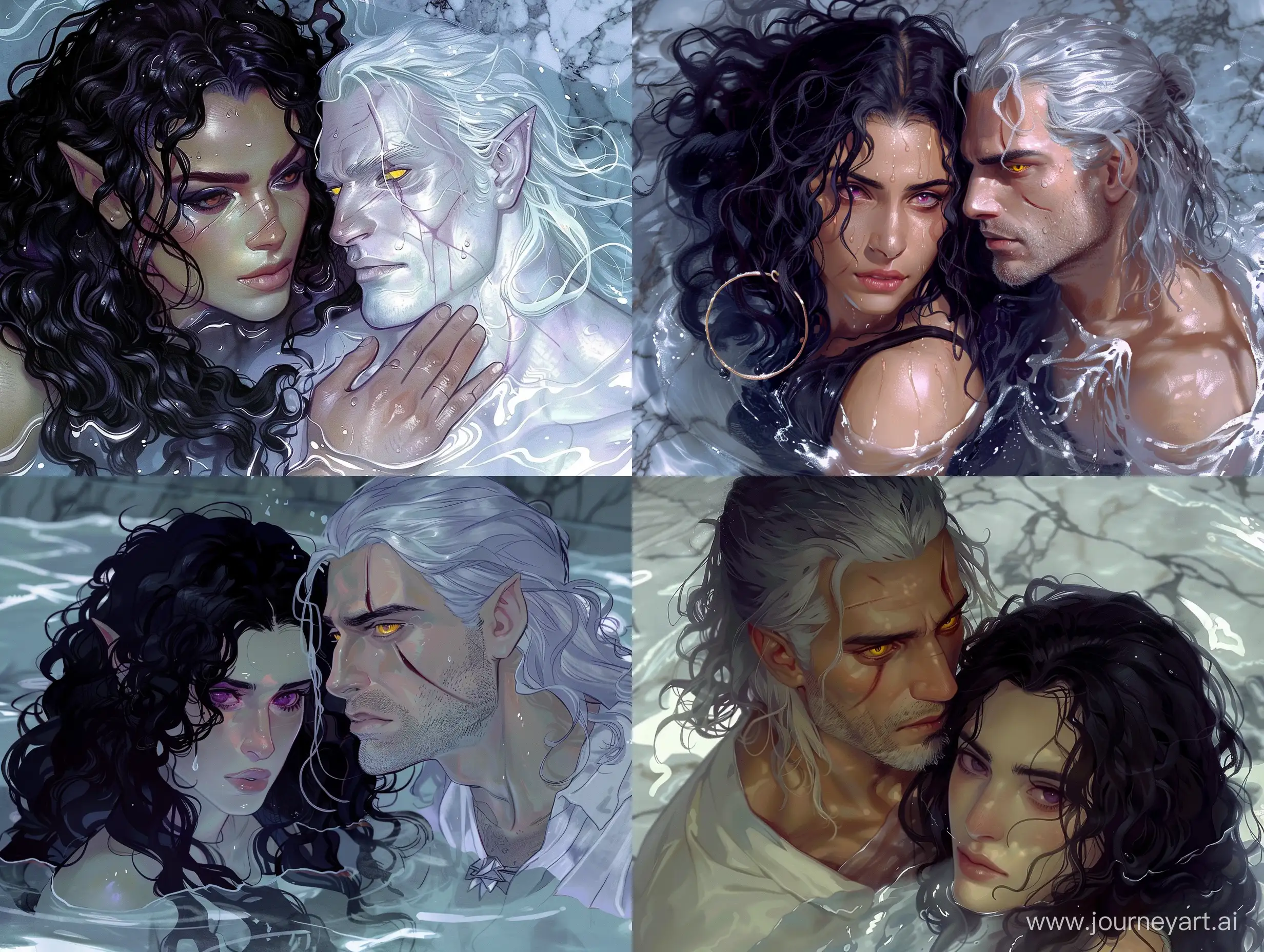 Geralt and Yennefer together in a marble pool. Yennefer's hair is dark black, curly, wet and slick. Her eyes are deep violet. Geralt is lean and his eyes are yellow and cat like. His hair is milky white. They are looking lovingly at each other's faces. Both of them are waist deep in the water.  sumowtawgha