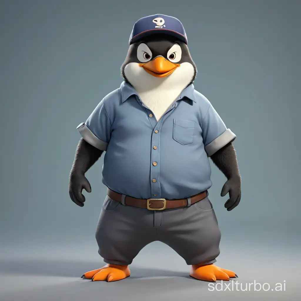 the penguin is dressed in pants and a shirt with a cap, a game character, standing upright, funny