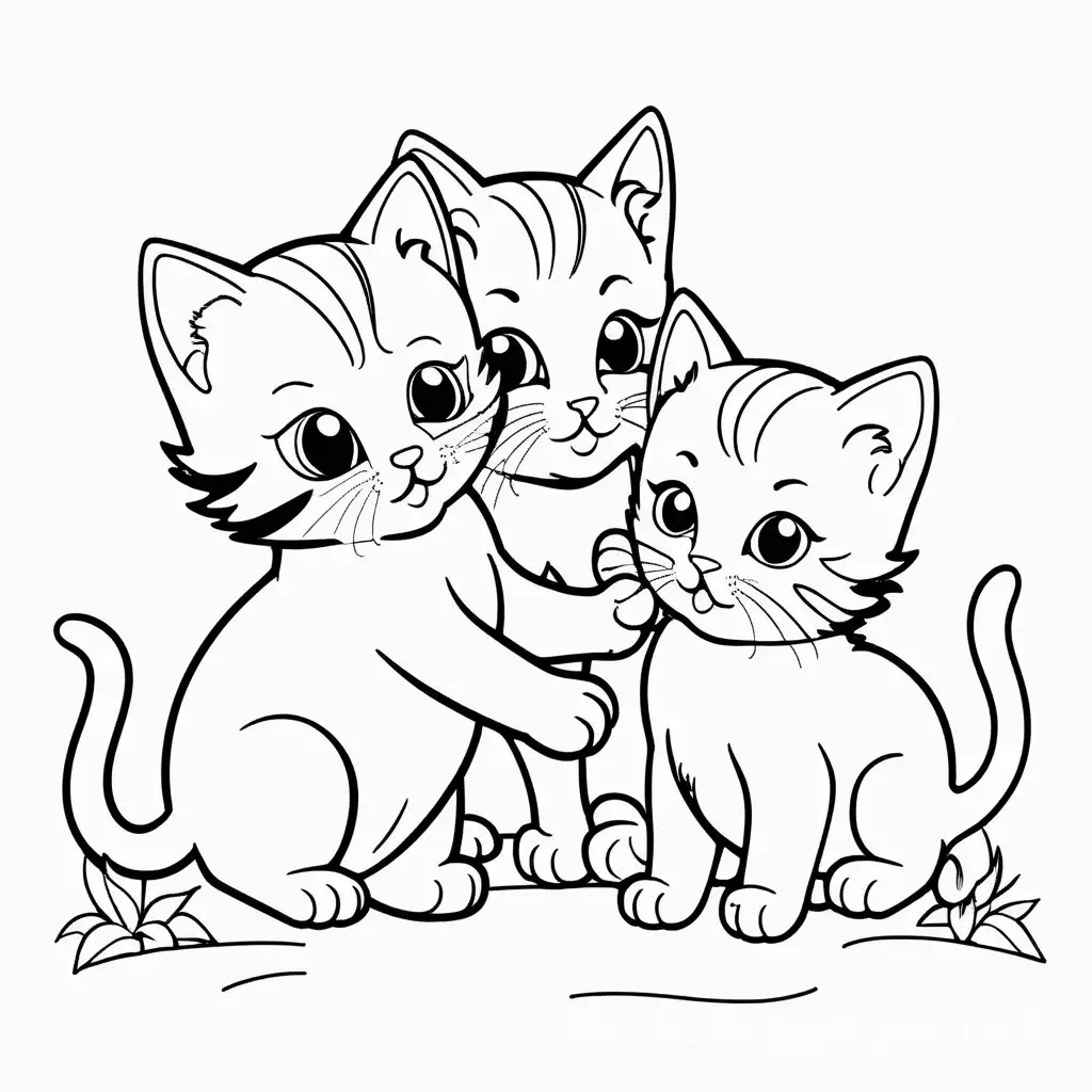 kittens playing, Coloring Page, black and white, line art, white background, Simplicity, Ample White Space. The background of the coloring page is plain white to make it easy for young children to color within the lines. The outlines of all the subjects are easy to distinguish, making it simple for kids to color without too much difficulty