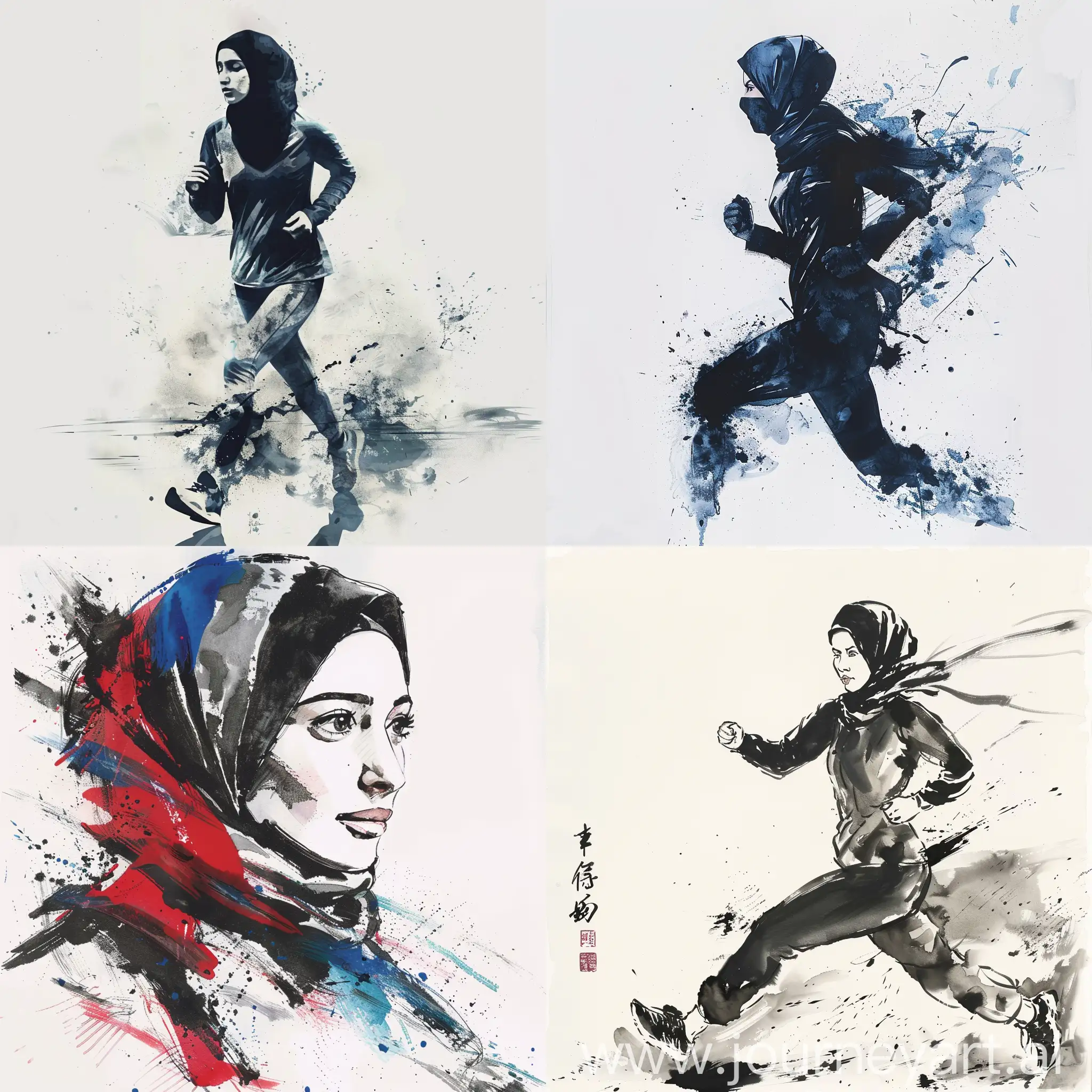 Hijab Sport Girl Runner, ink artistic conception, abstract, complementary colors, simplicity, Chinese painting, white background, 8k,