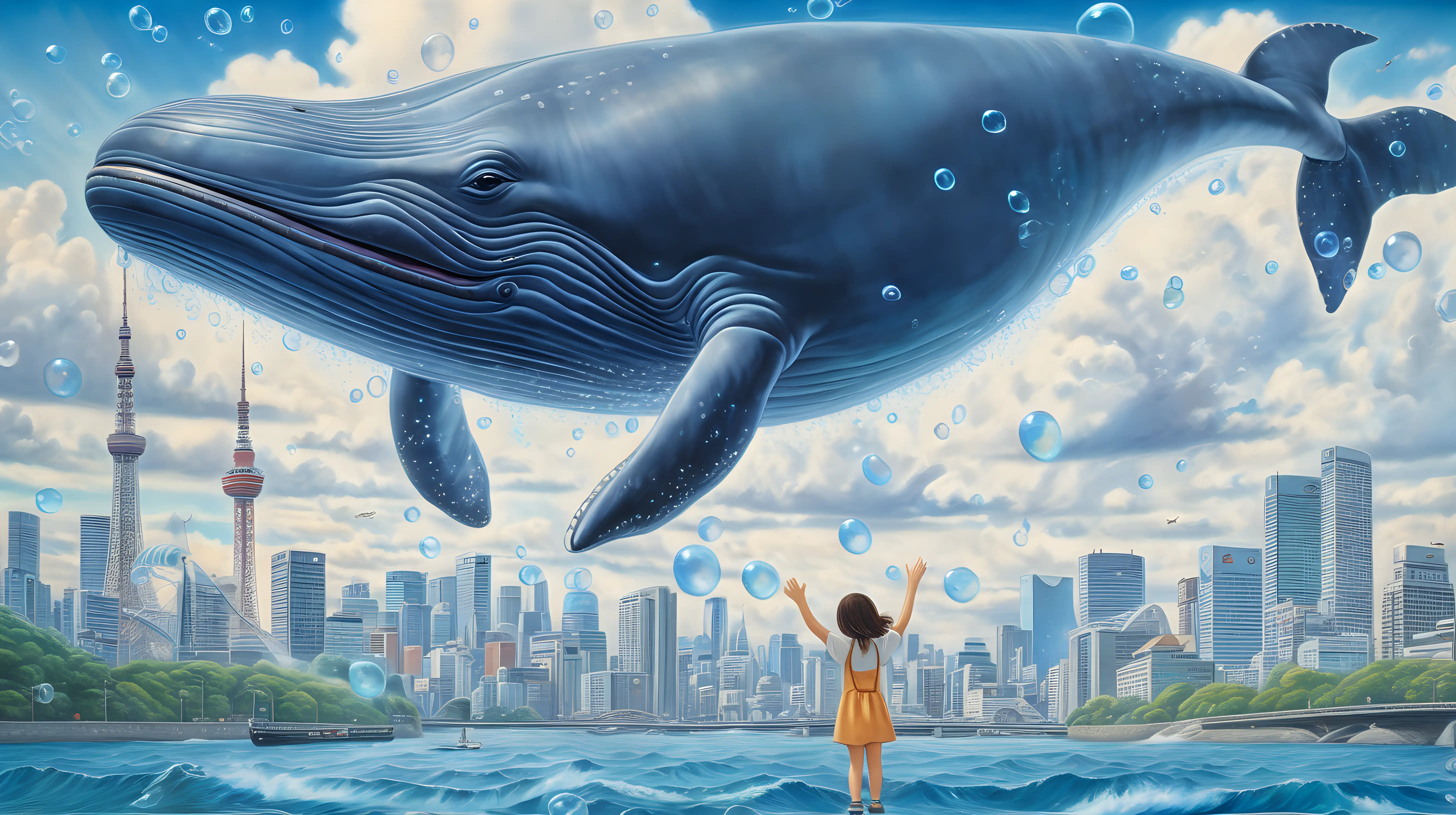 a ghibi inspired painting painting of a beautiful girl playing with a big blue whale in tokyo skyline, with clouds like waves and bubbles