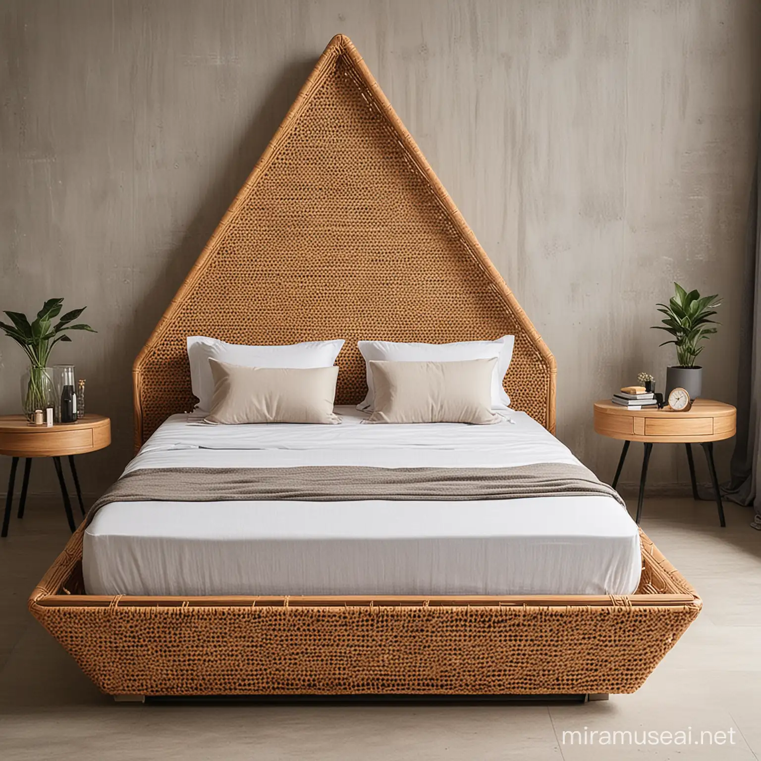 Contemporary TriangleShaped Single Bed with Rattan and Wood Design