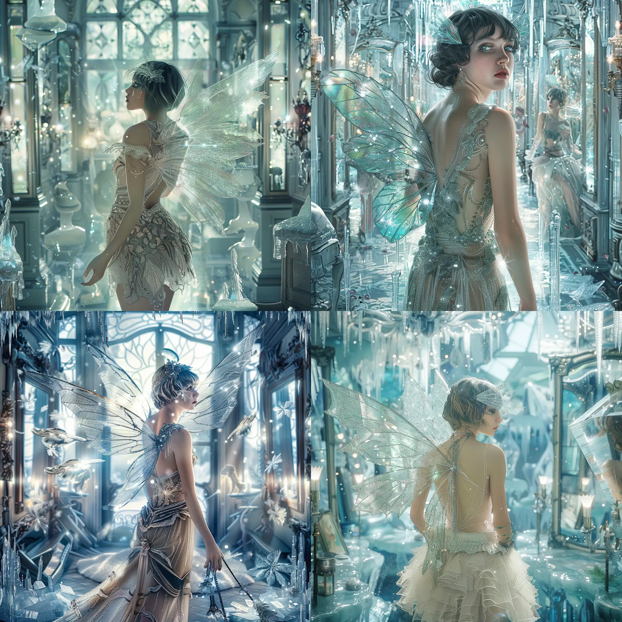 A highly detailed image of a beautiful 1920s flapper woman with shimmering fairy wings on her back. She is surrounded by magical icy mirrors and there are frozen images of her all around the room. Beautiful magical fantasy mysterious etheral highly detailed
