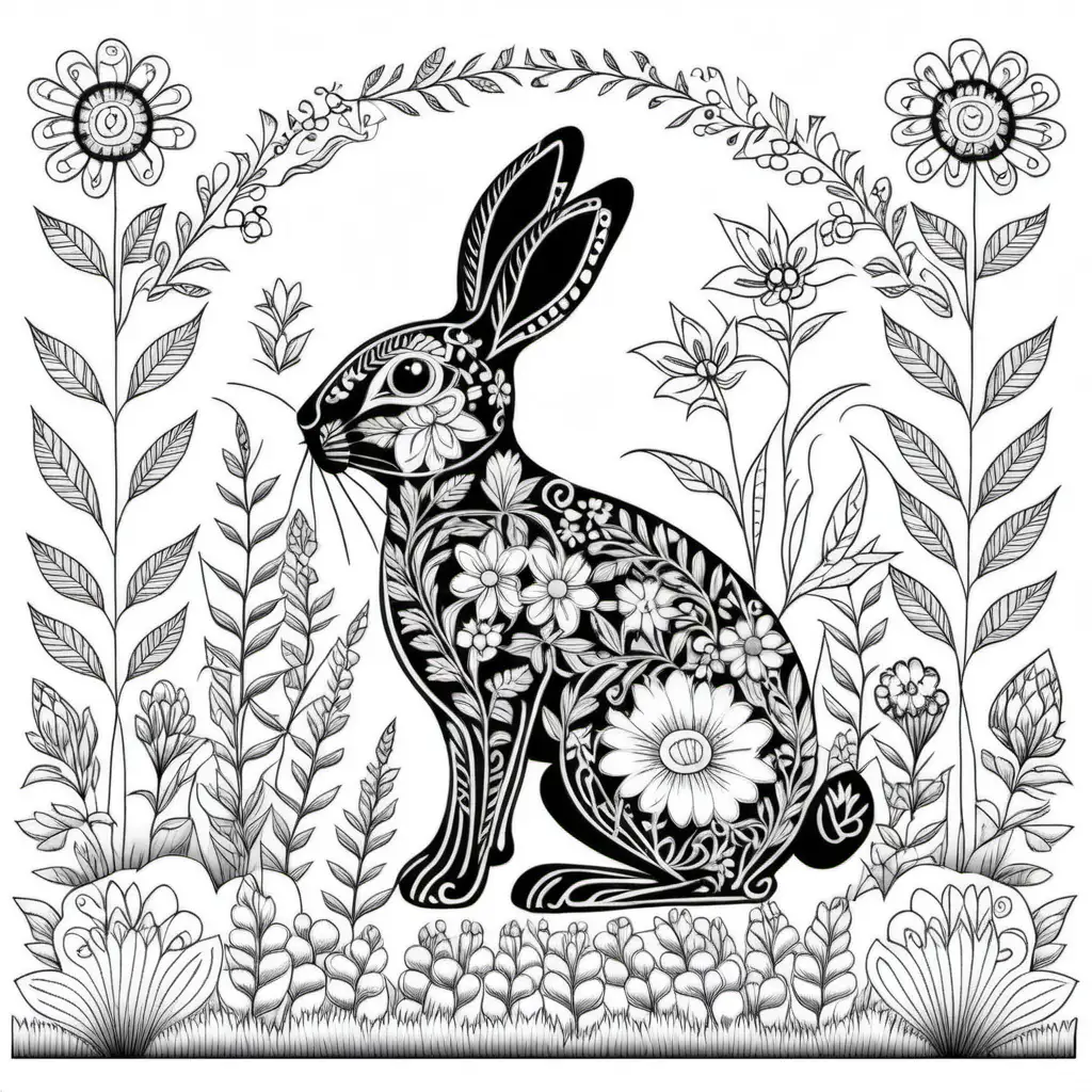 folk art of a rabbit in a graden, black and white coloring page, light background, 2-D, outline drawing, embroidery sampler style