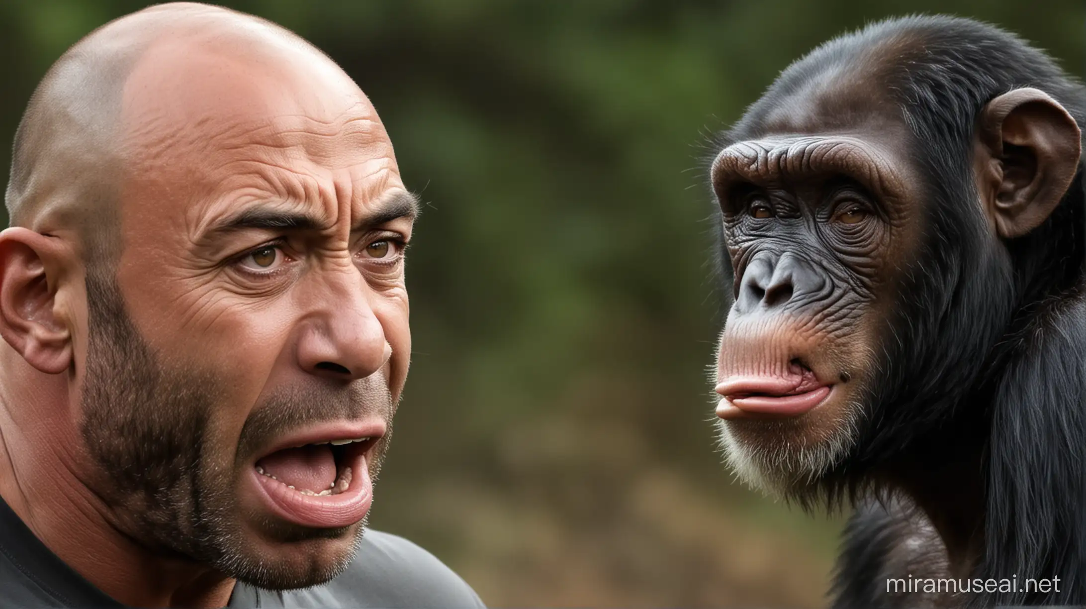 joe rogan scream against massive chimp, angry intense face emotions