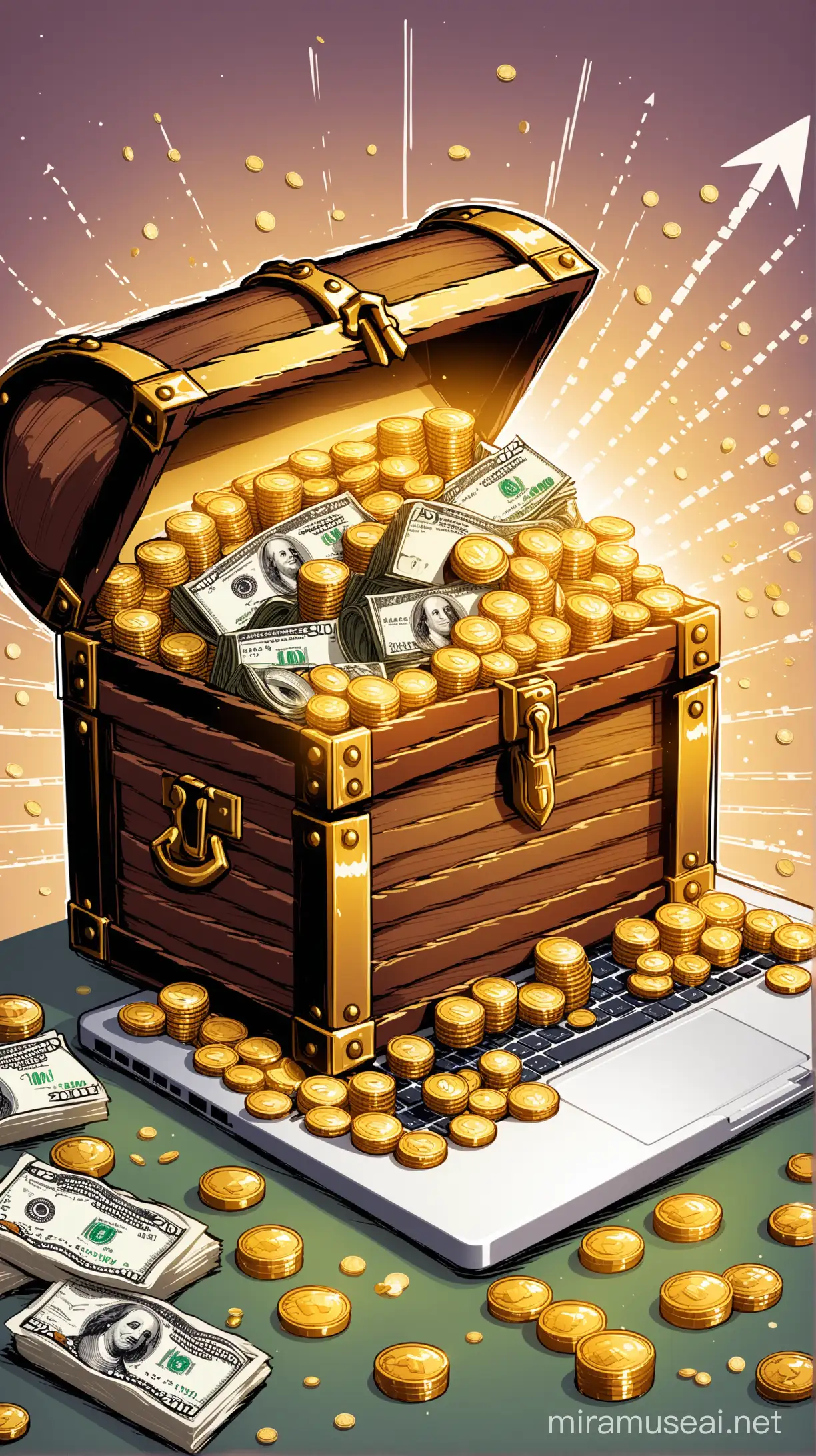 An illustration of a treasure chest overflowing with coins and dollar bills, with a laptop in the background displaying a graph showing upward growth.
