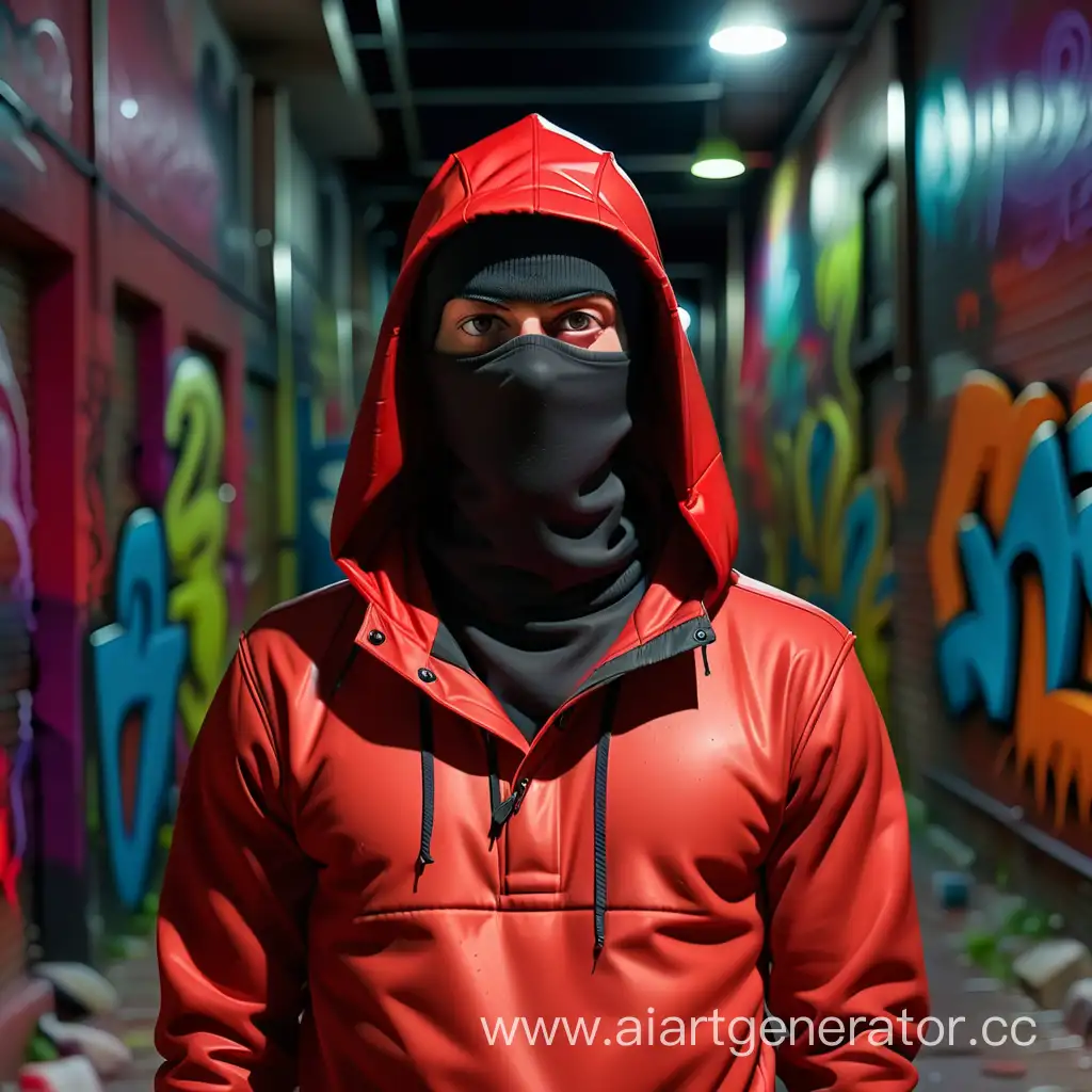 A man in a balaclava and hood, wearing a red anorak. Standing in a passage against the background of graffiti at night