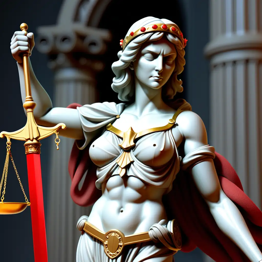 lady justice with a cloth before the eyes. Lady justice has a red sword in the left hand and a golden scale in the right hand.