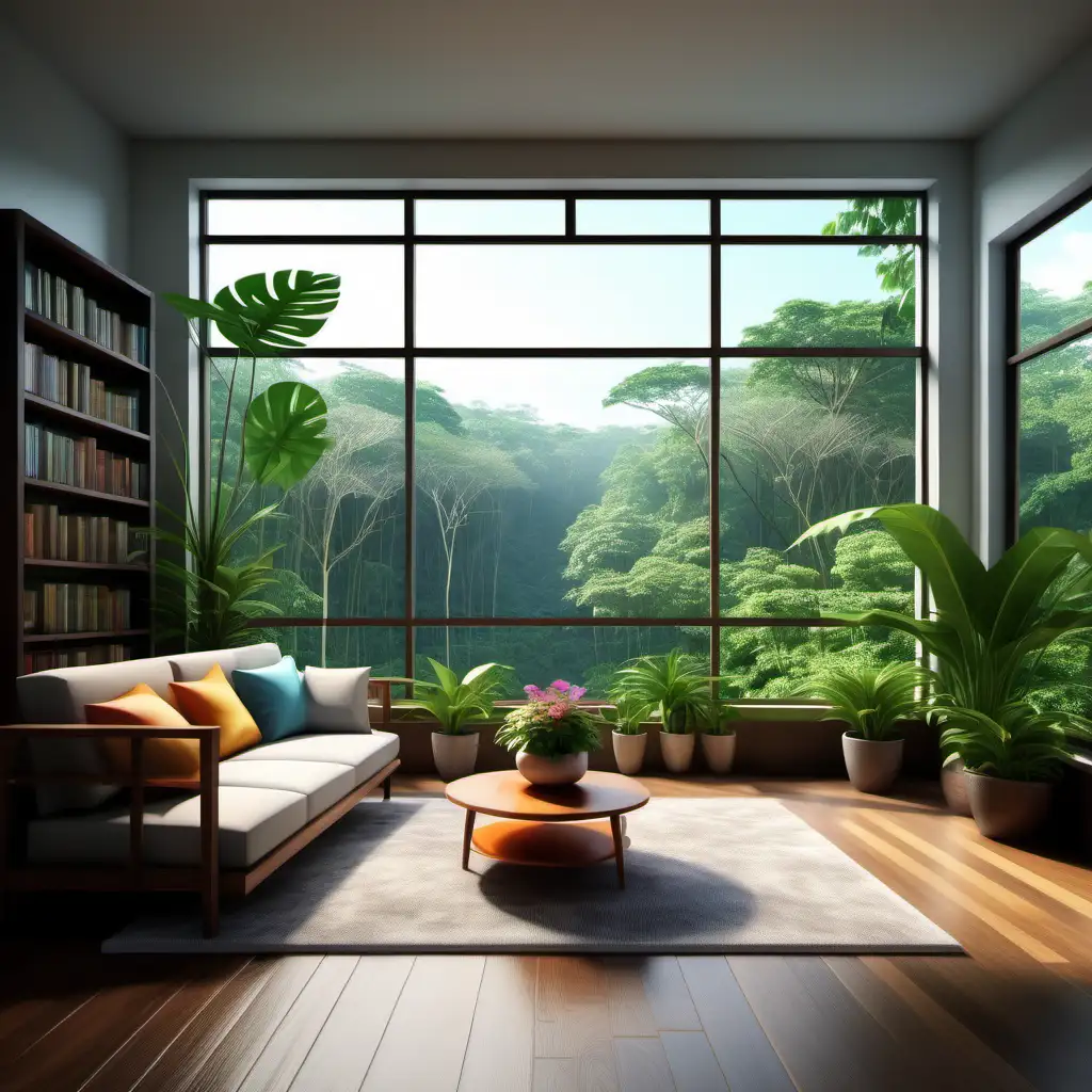 a sitting room with cozy sofa , book shelf,  pot of plants and pot of flowers in the room on the floor, big glass window to beautiful view of tropical forest ,  hyper realistic, UHD, photography style,  hyper detailed, 