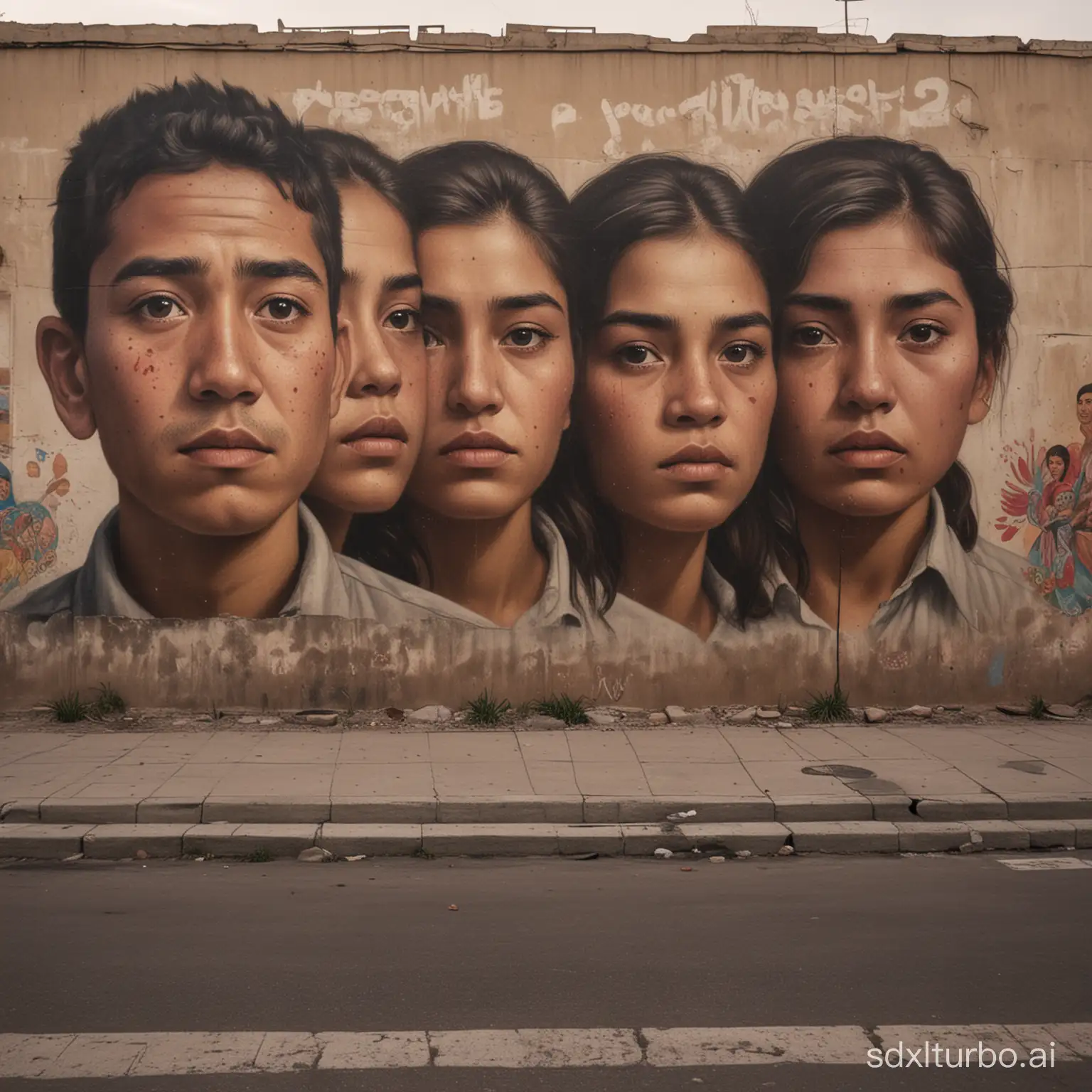 Cinematographic capture of a Mexican street with faded murals that narrate decades of authoritarianism, with young faces of desperation transforming into expressions of hope and determination. The dawn light illuminates the faces of young citizens heading to vote, symbolizing the arrival of freedom and change.