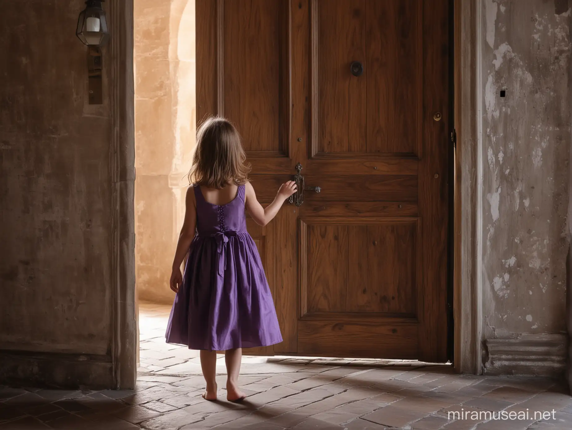 porte en bois intérieure dans un château magnifique ambiance sombre et sublime avec des chandeliers. Devant cette porte, une petite fille toque à la porte. Elle est de dos, a les cheveux chatains, une robe violette sans manches et pieds nus

