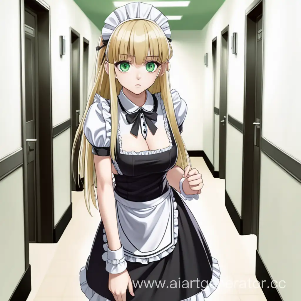 Anime-Maid-in-Corridor-Tired-Blonde-with-Green-Eyes